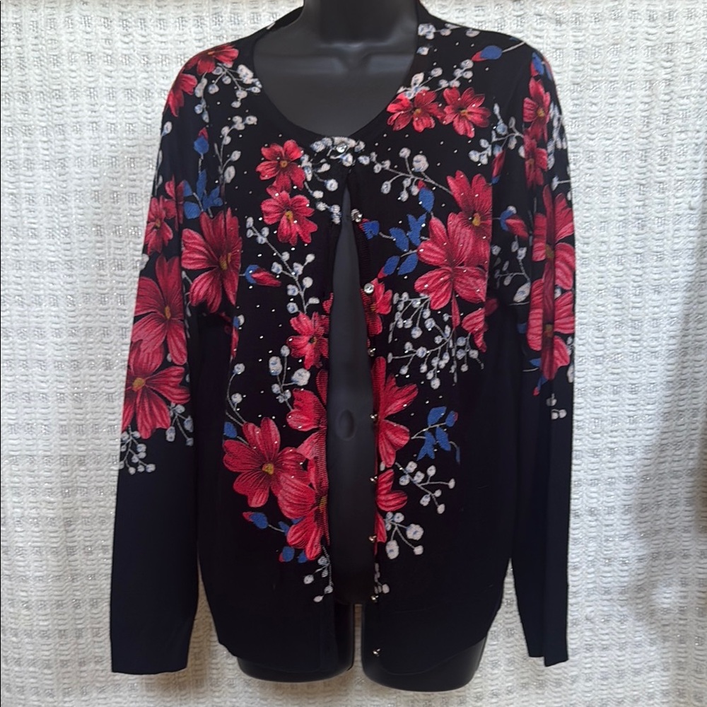 Cathy Daniels Black and Red Floral Cardigan